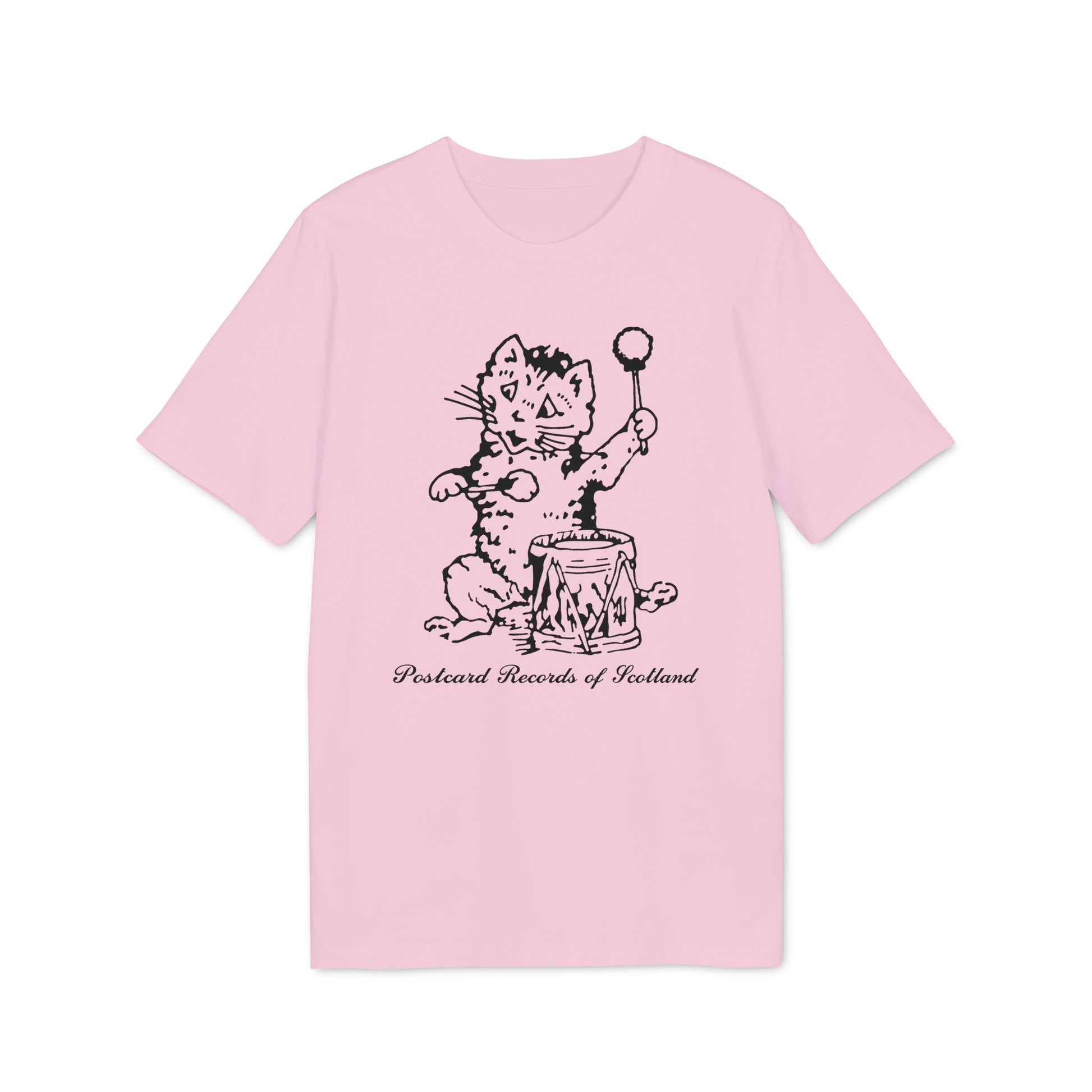 Pink t-shirt with a black illustration of a cat playing a drum, text reads "Postcard Records of Scotland".