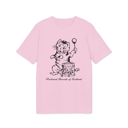 Pink t-shirt with a black illustration of a cat playing a drum, text reads "Postcard Records of Scotland".
