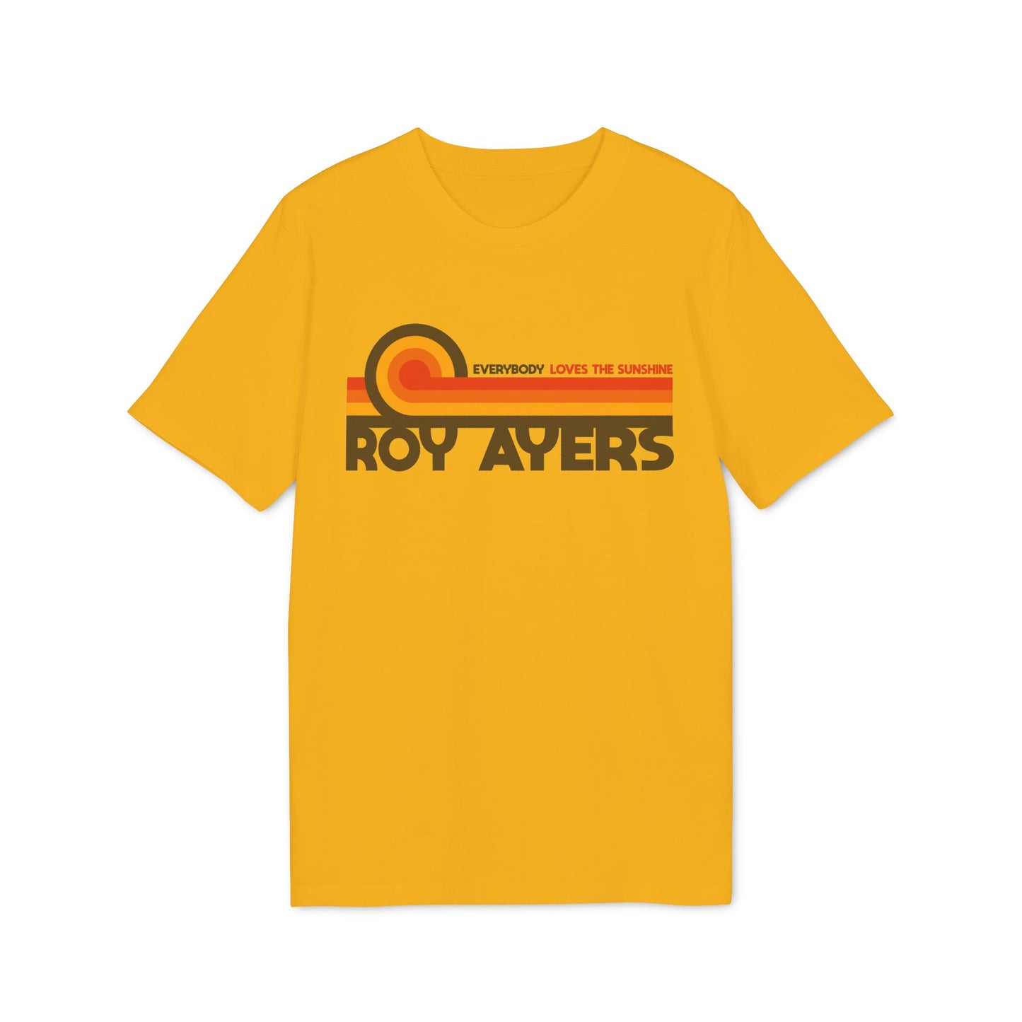 Gold t-shirt with "Roy Ayers" and "Everybody Loves The Sunshine" text.