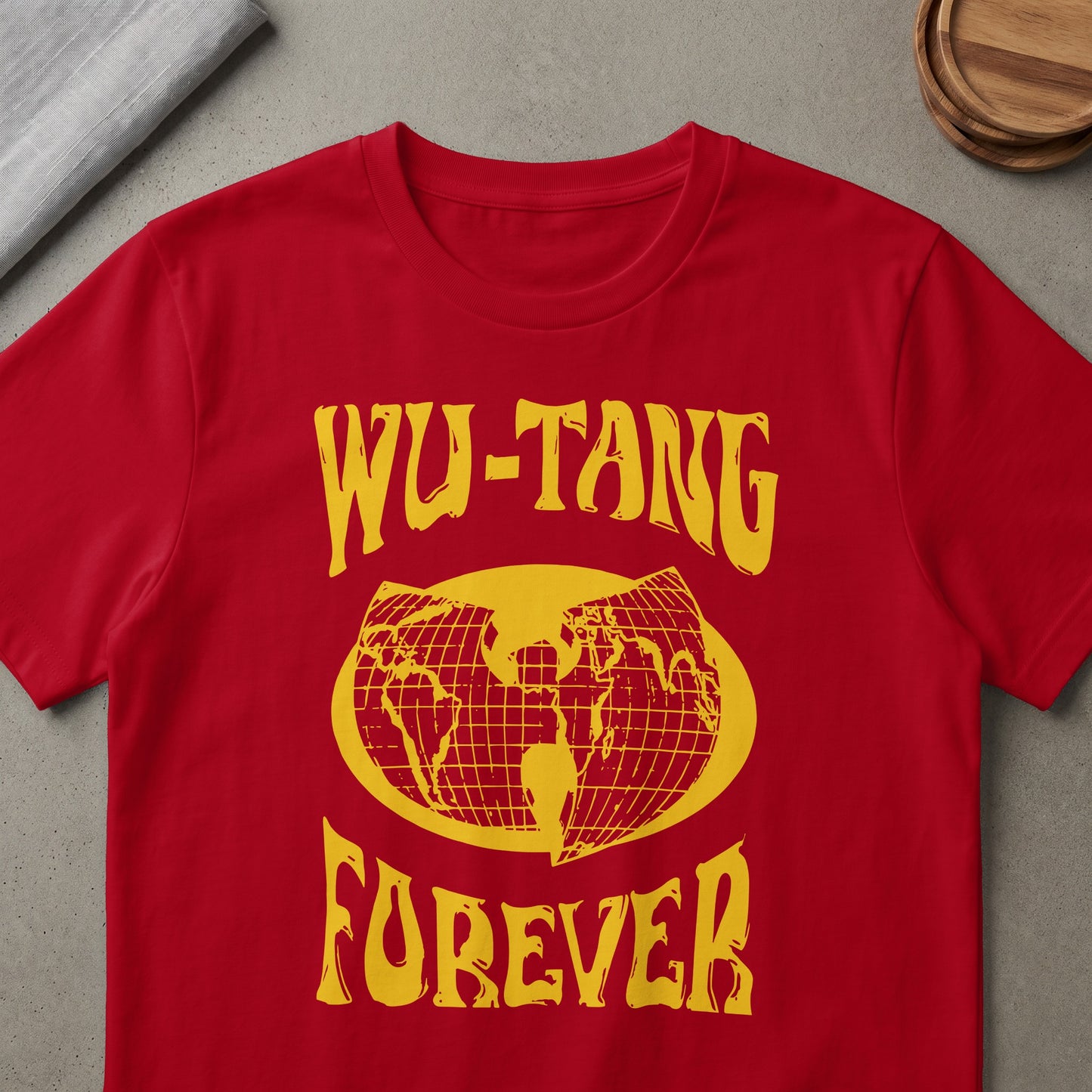 Red t-shirt with yellow "WU-TANG FOREVER" text and globe logo.