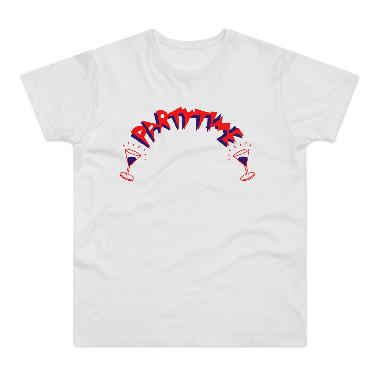 White t-shirt with "PARTY TIME" text and two martini glasses.