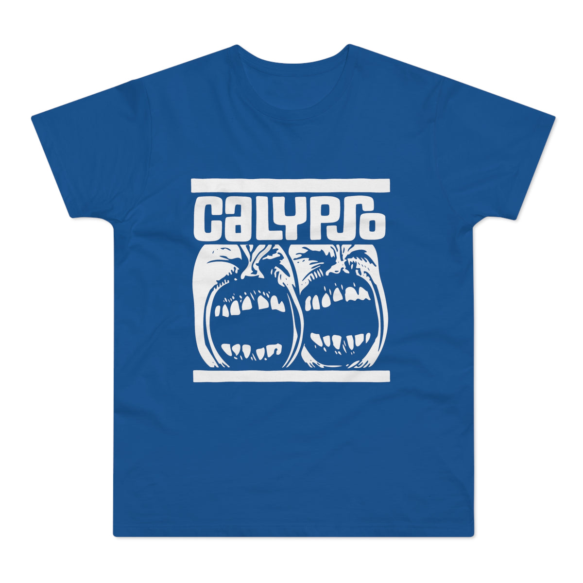 Blue t-shirt with white "CALYPS" text and two screaming faces.