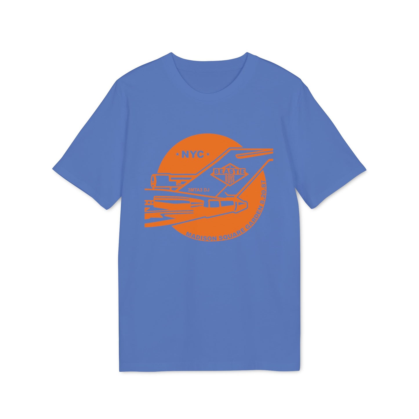 Blue t-shirt with orange graphic of Beastie Boys logo at Madison Square Garden 8.20.87.