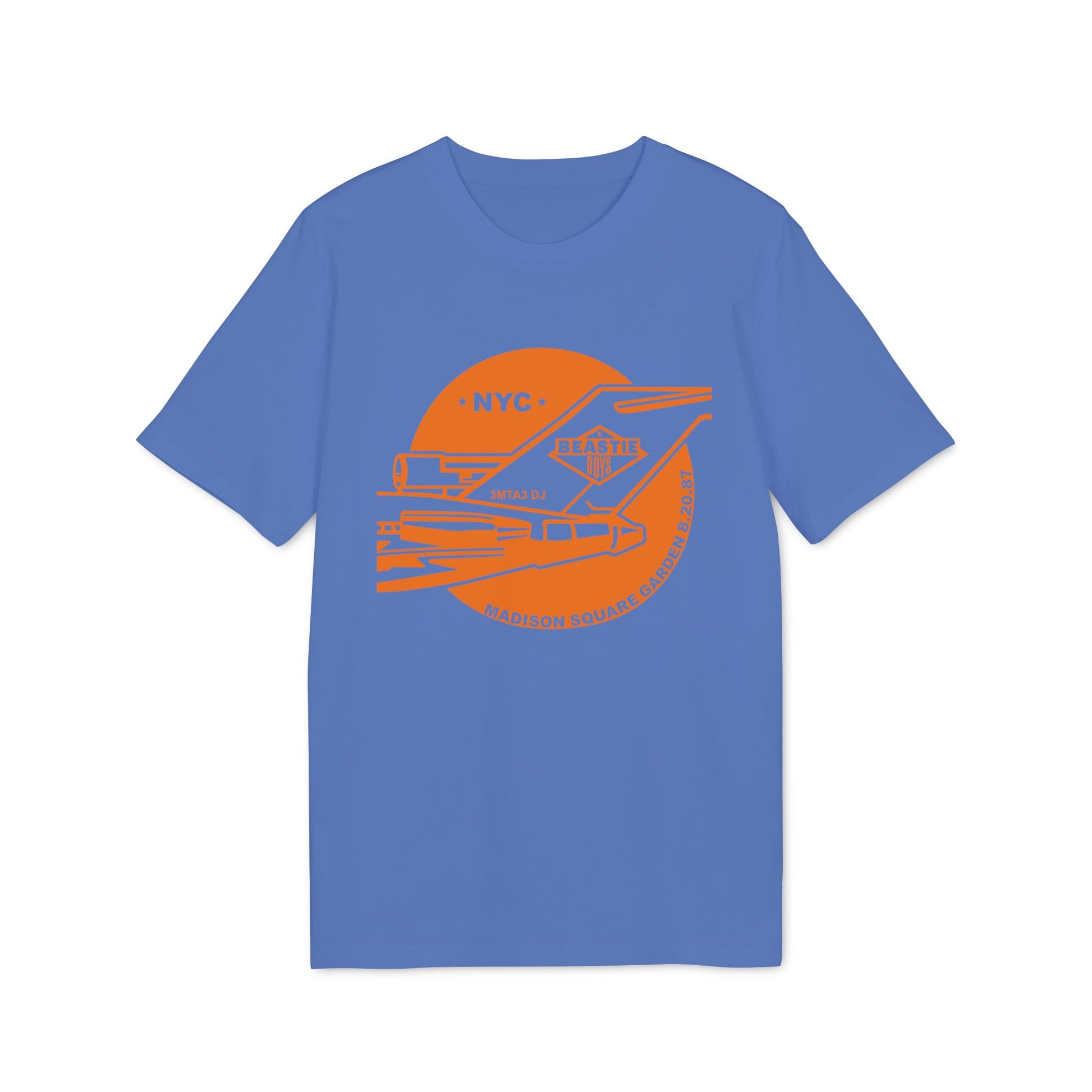 Blue t-shirt with orange graphic of Beastie Boys logo at Madison Square Garden 8.20.87.