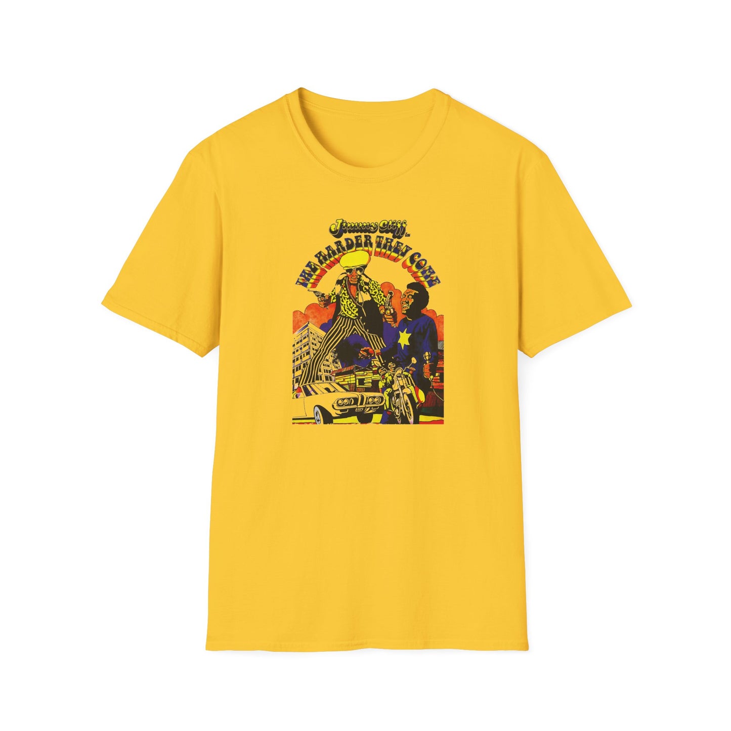 T-shirt with "Jimmy Cliff The Harder They Come" album art.