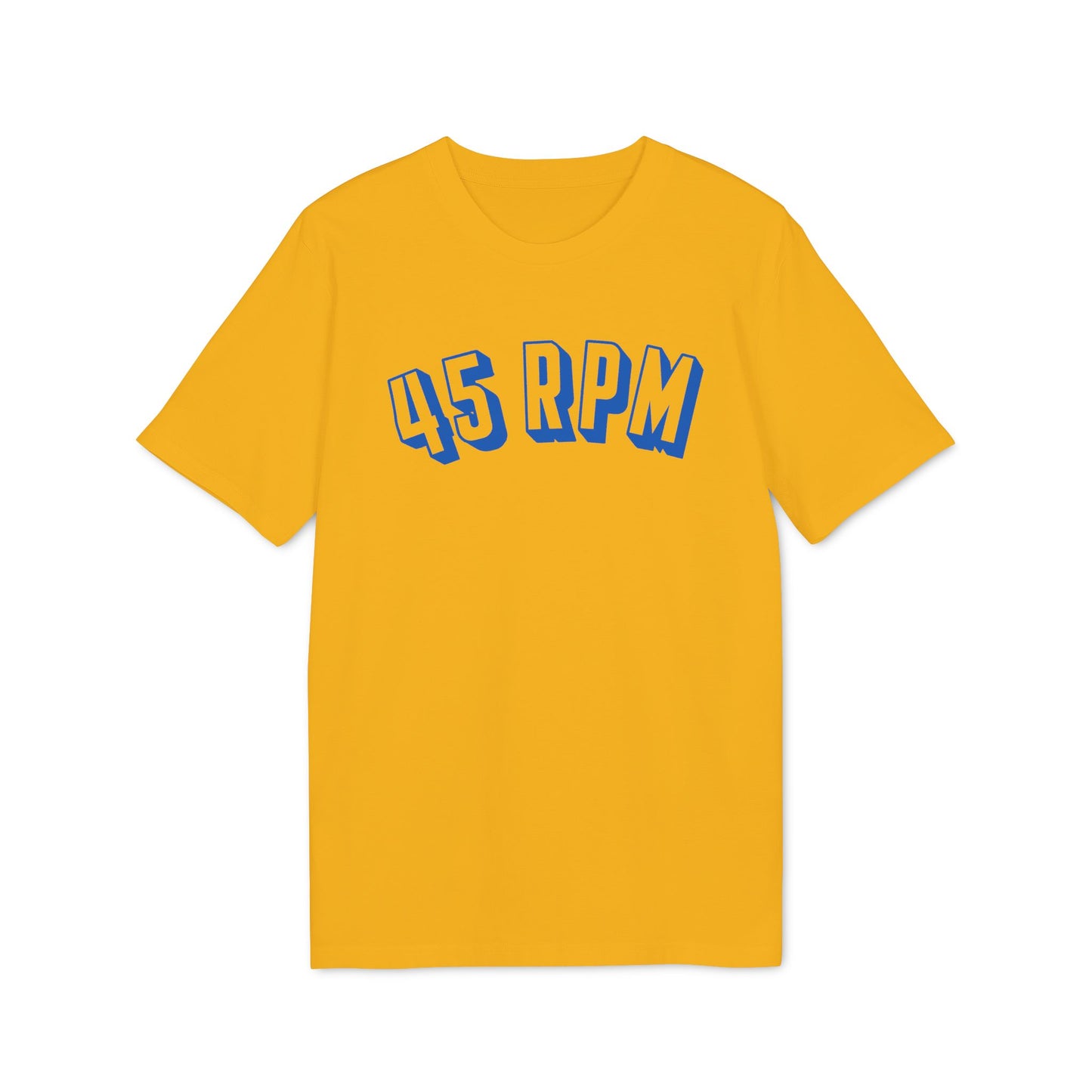 Yellow t-shirt with blue "45 RPM" text in a stylized font.