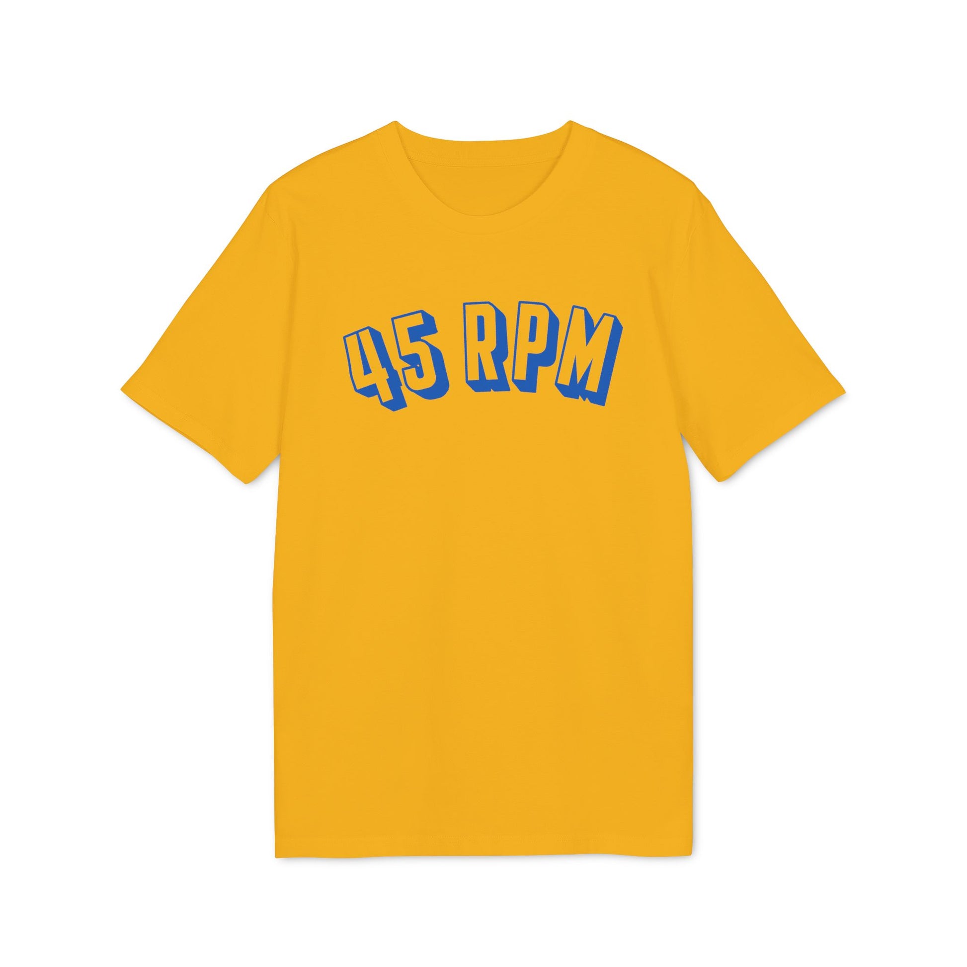 Yellow t-shirt with blue "45 RPM" text in a stylized font.