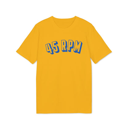 Yellow t-shirt with blue "45 RPM" text in a stylized font.