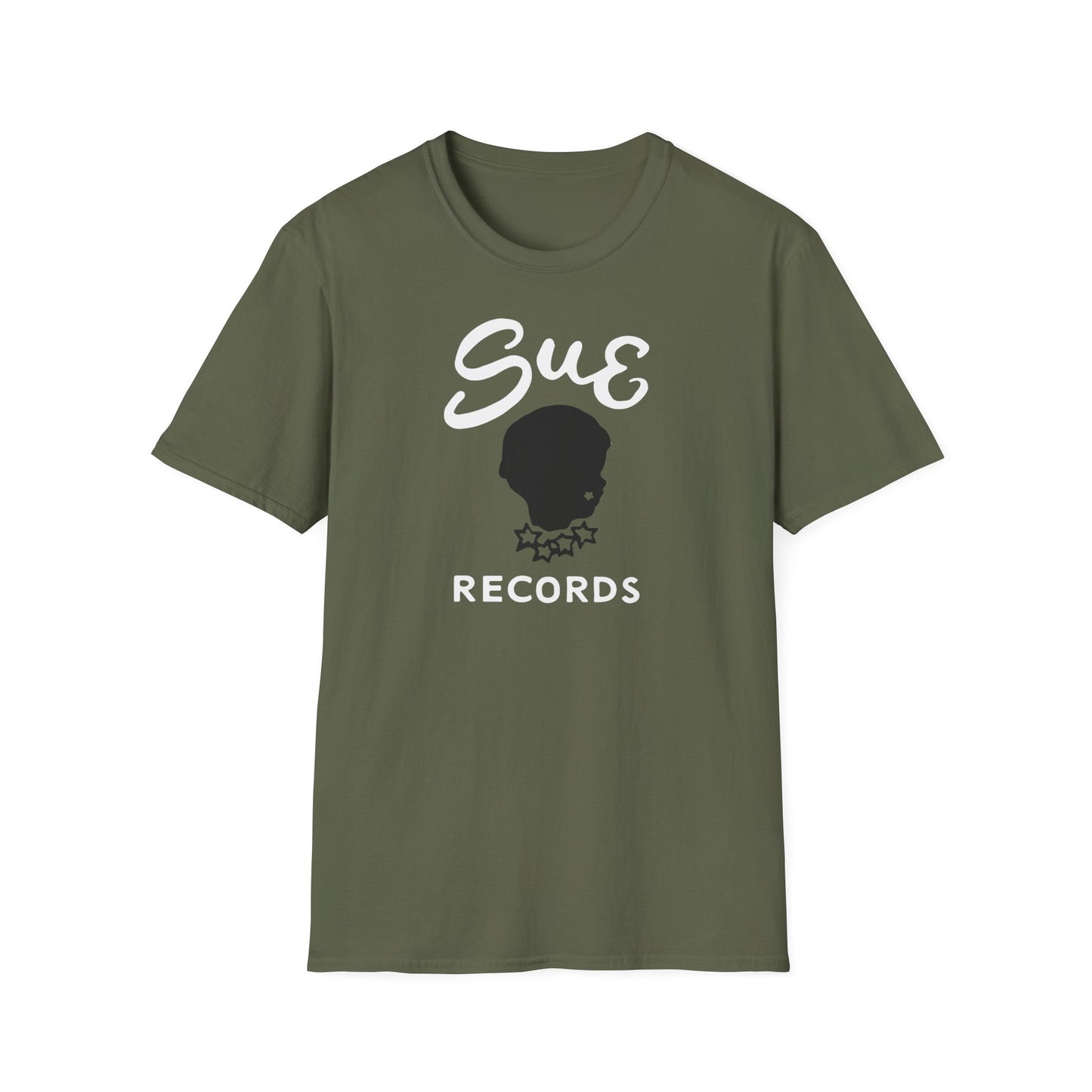 Olive green t-shirt with white "Sue" text and a black silhouette logo.