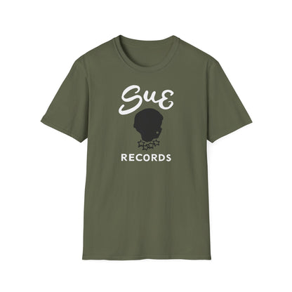 Olive green t-shirt with white "Sue" text and a black silhouette logo.