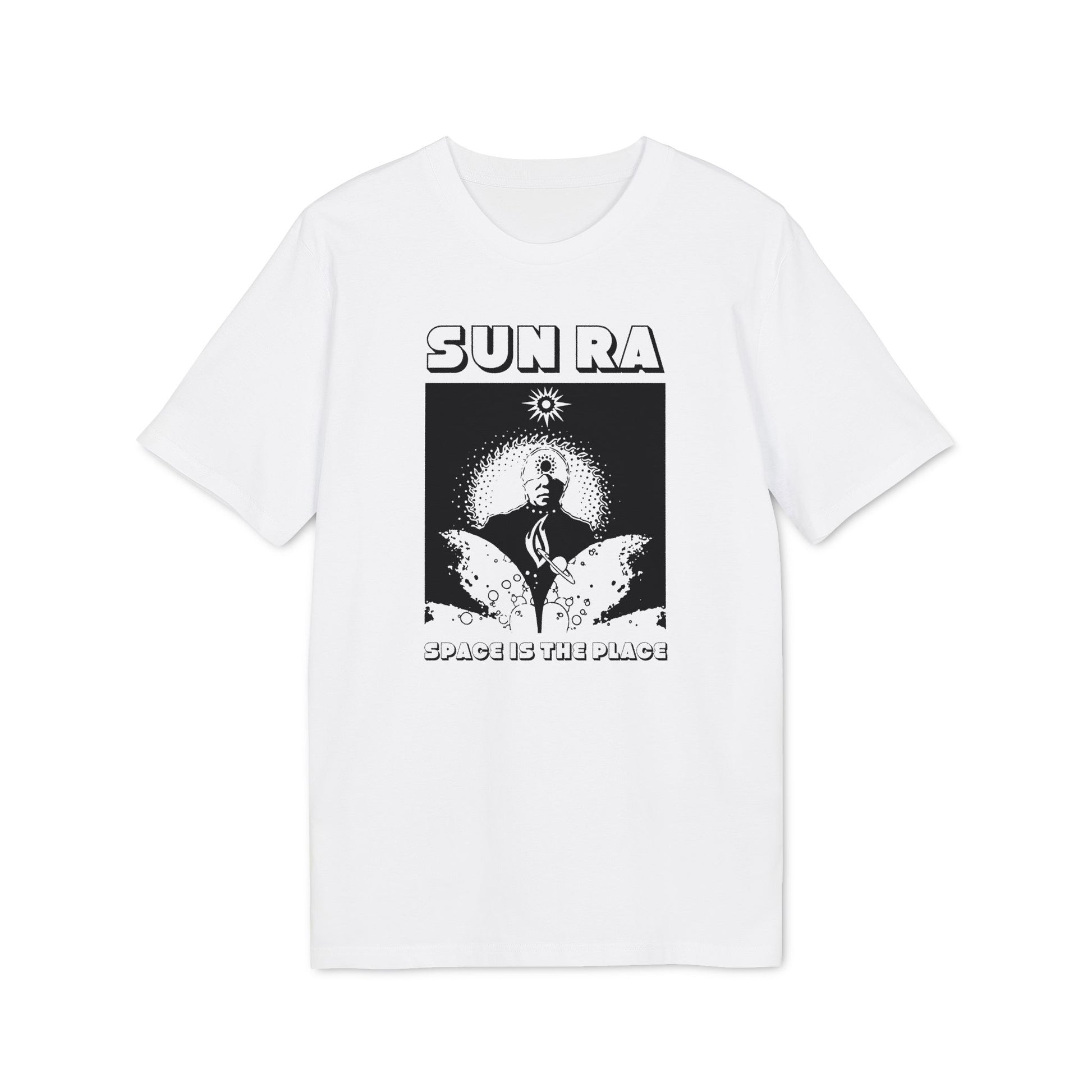 White t-shirt with "SUN RA" and "SPACE IS THE PLACE" text and graphic.