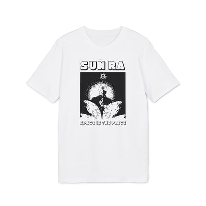 White t-shirt with "SUN RA" and "SPACE IS THE PLACE" text and graphic.