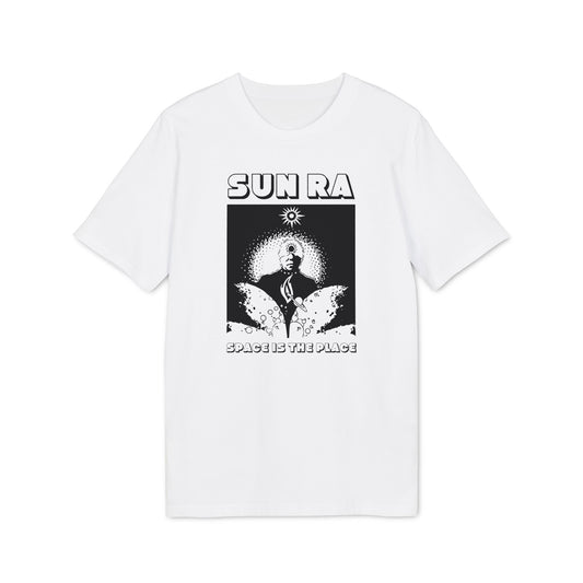 White t-shirt with "SUN RA" and "SPACE IS THE PLACE" text and graphic.