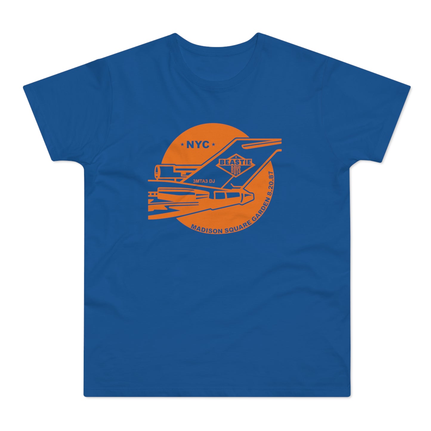 Beastie Boys NYC 3MTA3 DJ Madison Square Garden 8.20.87 graphic on blue t-shirt.
