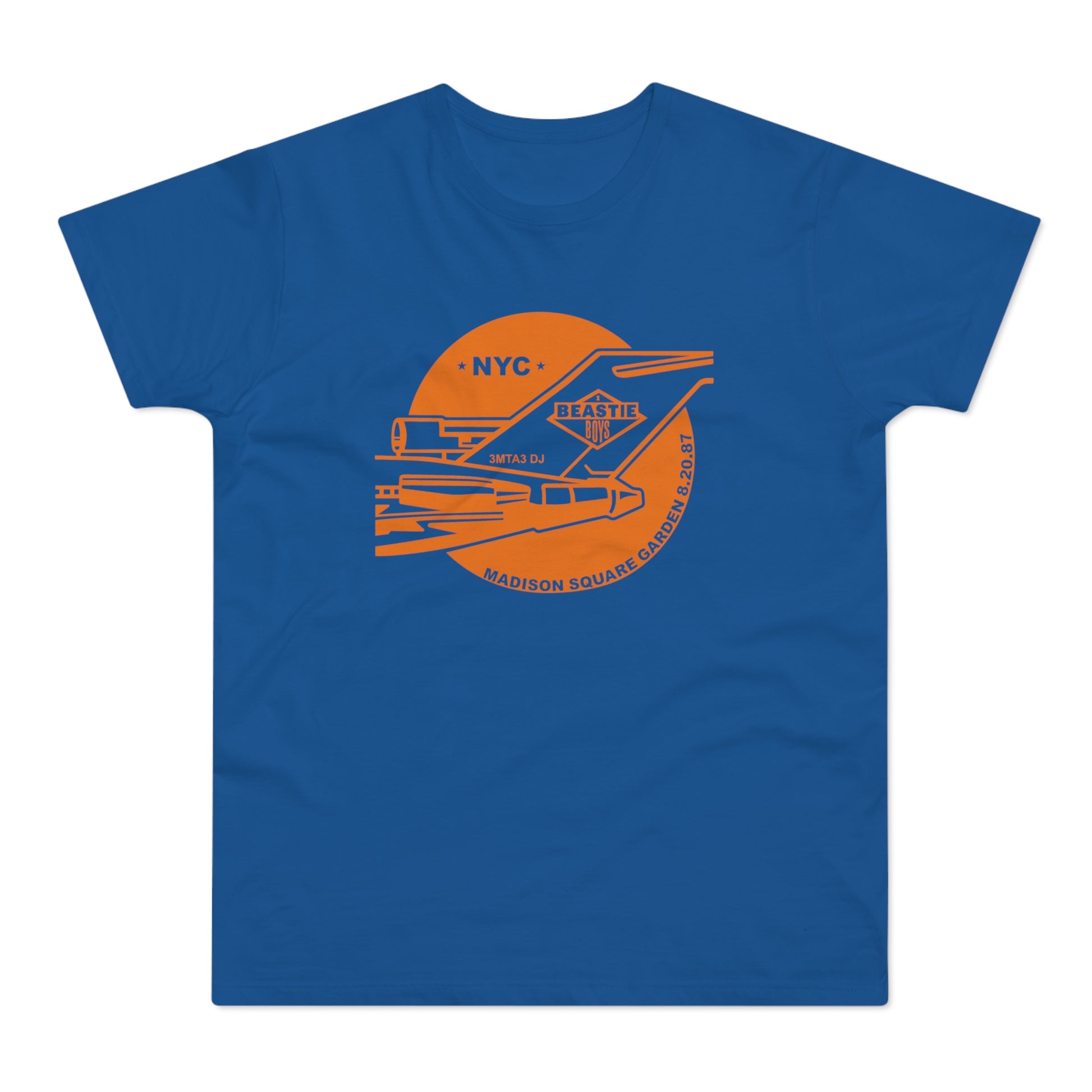 Beastie Boys NYC 3MTA3 DJ Madison Square Garden 8.20.87 graphic on blue t-shirt.