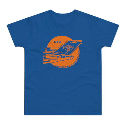 Beastie Boys NYC 3MTA3 DJ Madison Square Garden 8.20.87 graphic on blue t-shirt.