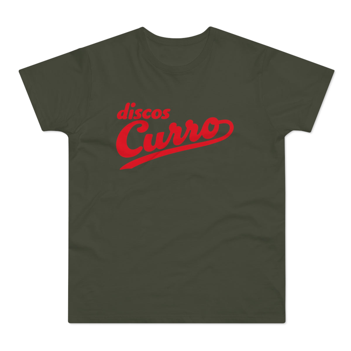 Dark green t-shirt with red "Discos Curro" script logo.