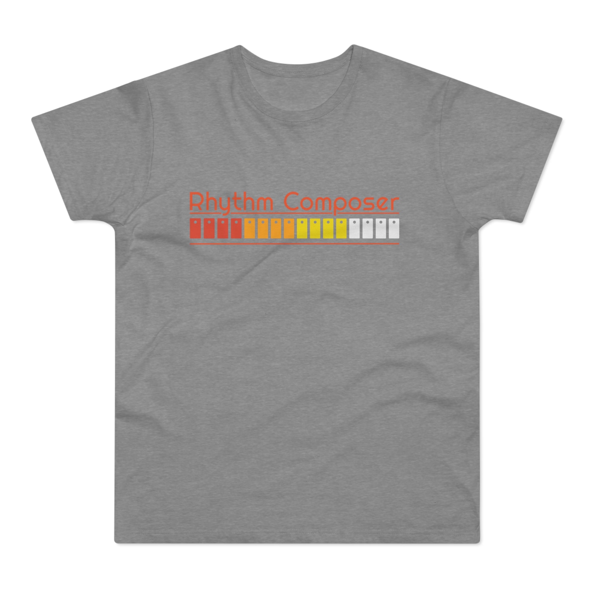 Grey t-shirt with orange "Rhythm Composer" text and a bar of colored squares.