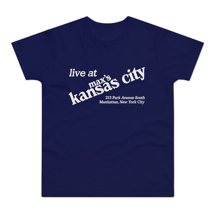 Navy t-shirt with white text "live at max's kansas city" and address.