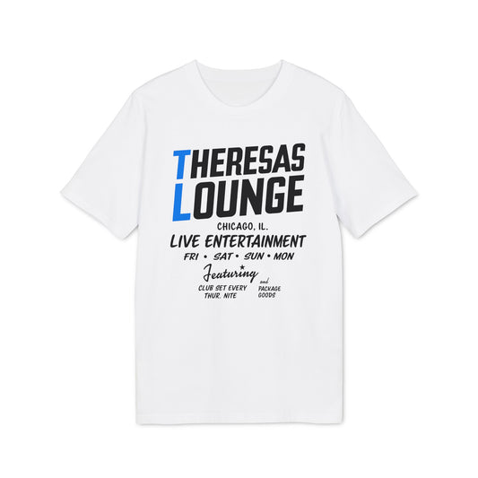 White t-shirt with "Theresas Lounge Chicago IL Live Entertainment" text.