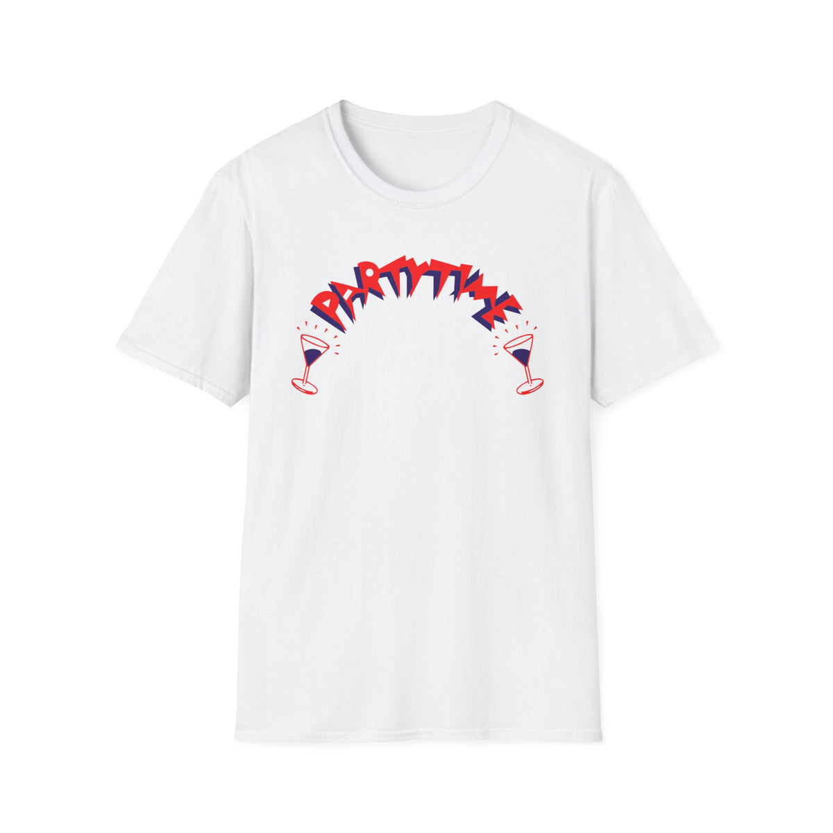 White t-shirt with red and blue "PARTY TIME" text and champagne glasses.