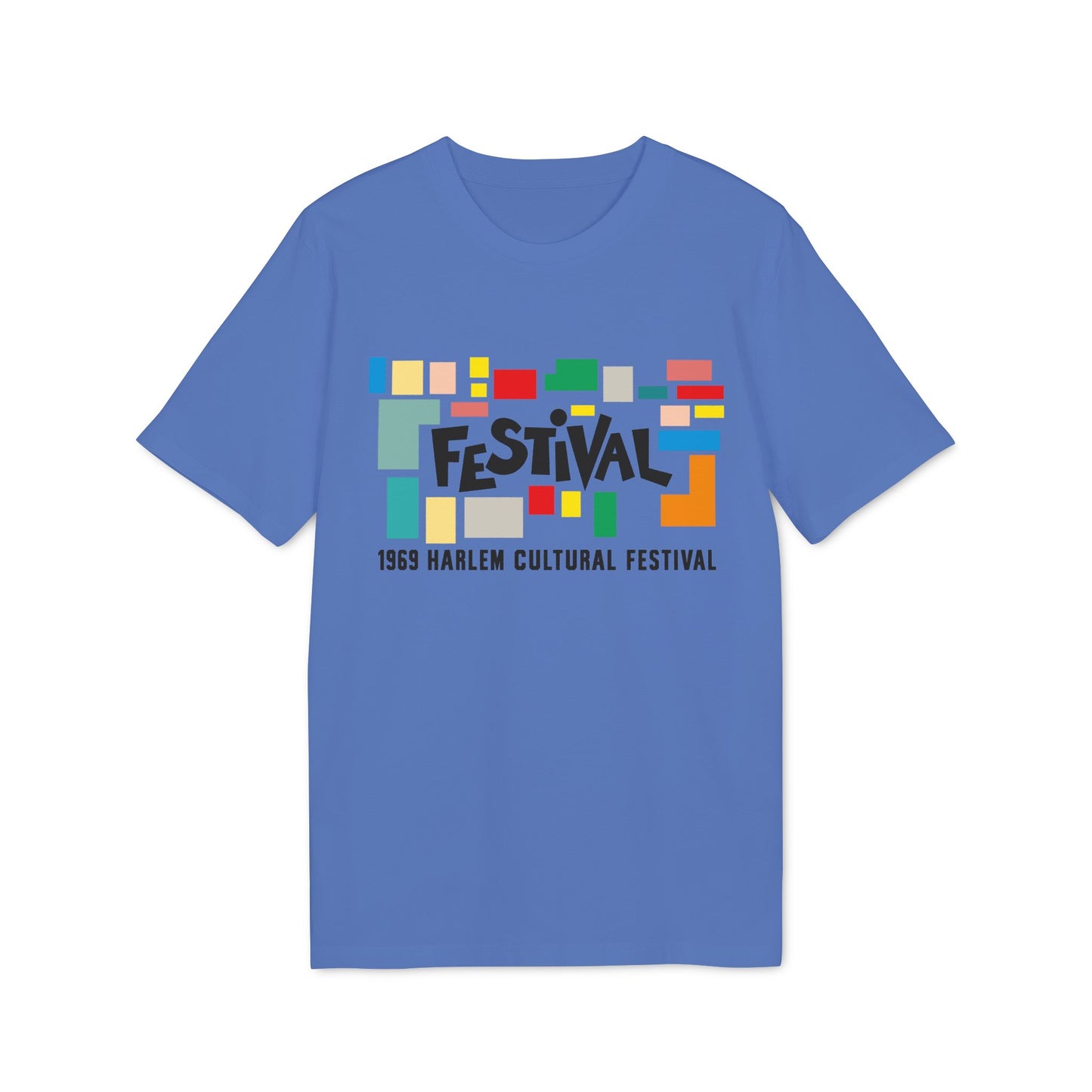 Blue t-shirt with colorful abstract shapes and "FESTIVAL" text.