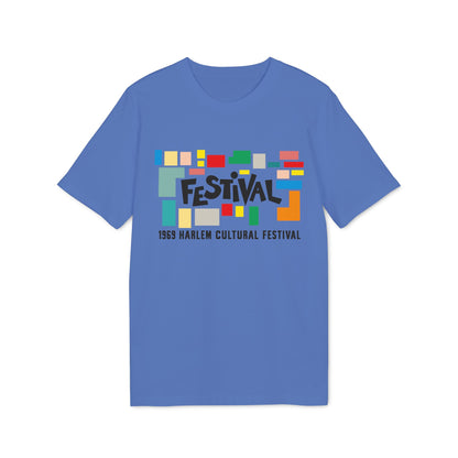 Blue t-shirt with colorful abstract shapes and "FESTIVAL" text.