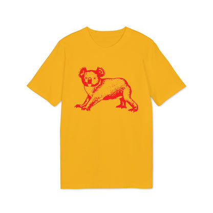 Yellow t-shirt with a red graphic print of a koala.