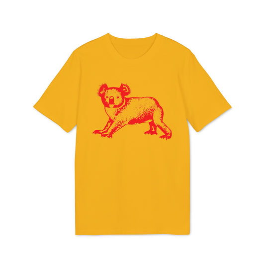 Yellow t-shirt with a red graphic print of a koala.