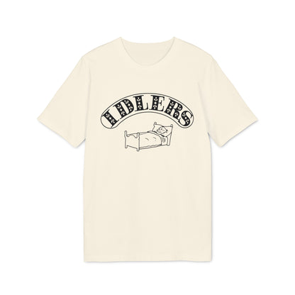 Cream t-shirt with black text "RIDLERS" over a person in bed.