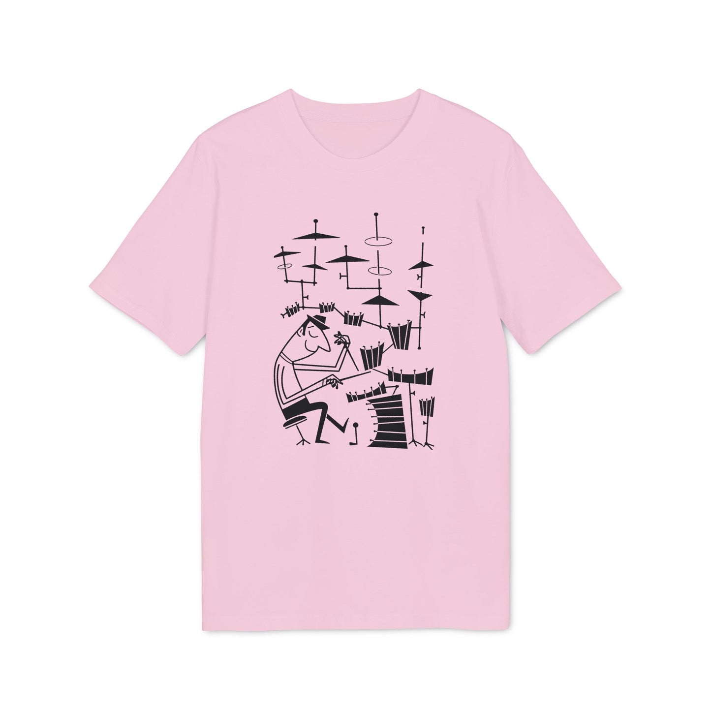Pink t-shirt with black line art of a drummer and drum set.