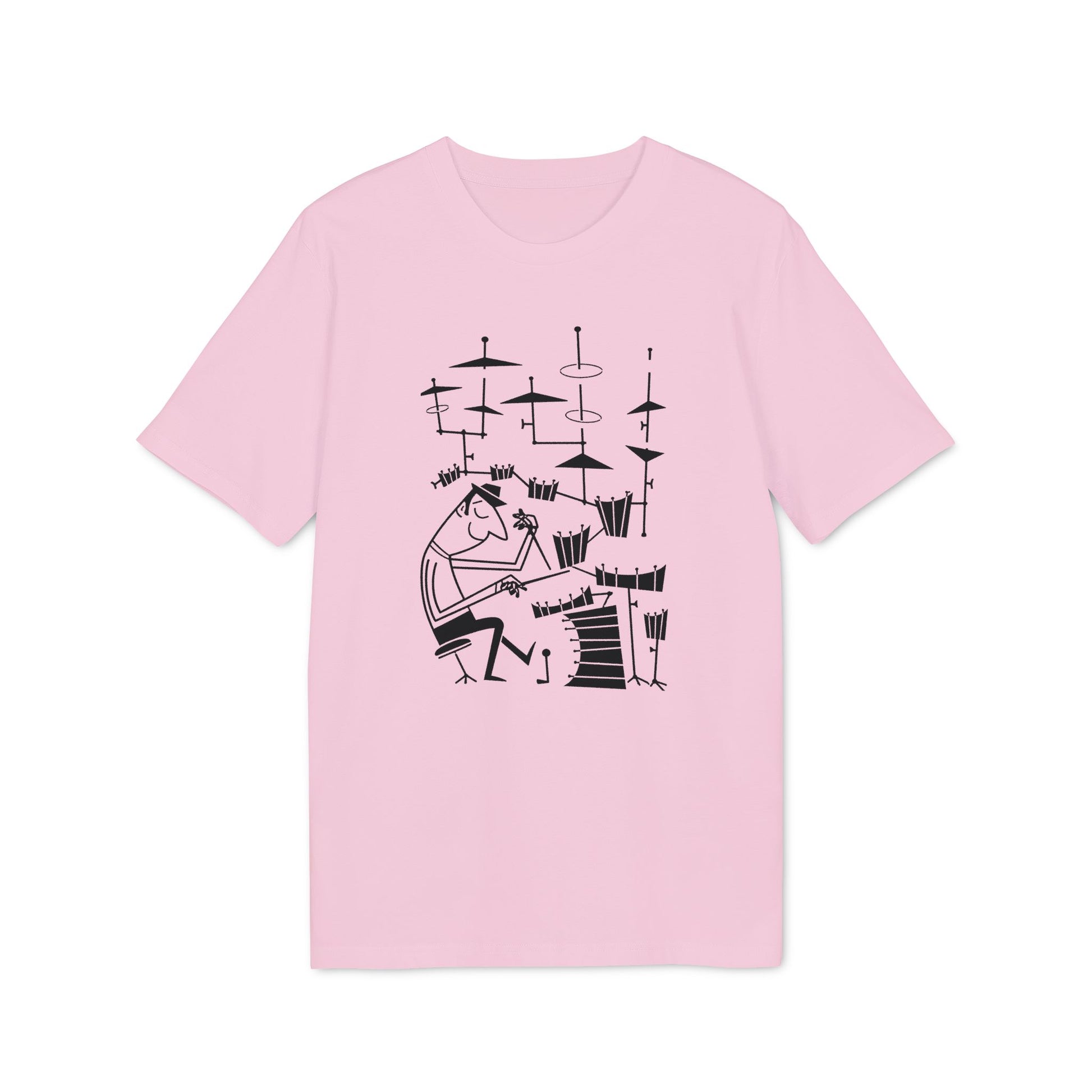 Pink t-shirt with black line art of a drummer and drum set.