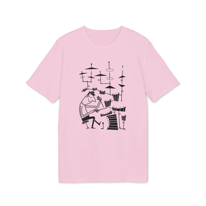 Pink t-shirt with black line art of a drummer and drum set.