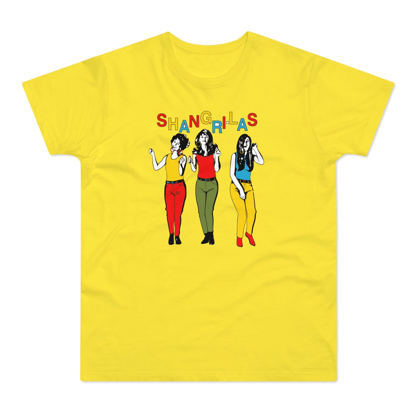 Yellow t-shirt with colorful graphic of The Shangri-Las and their name.