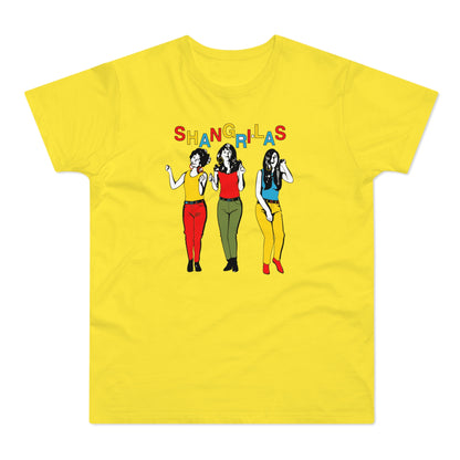 Yellow t-shirt with colorful graphic of The Shangri-Las and their name.