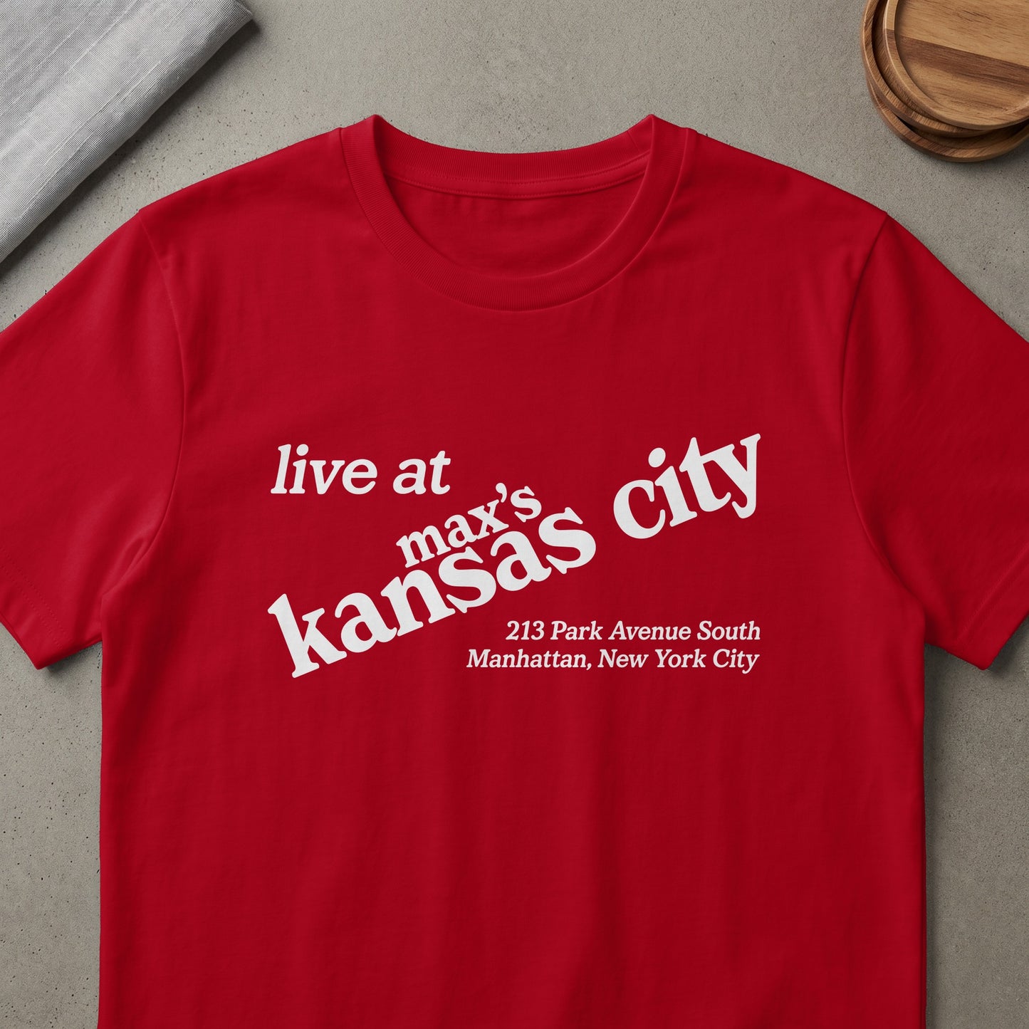 Red t-shirt with "