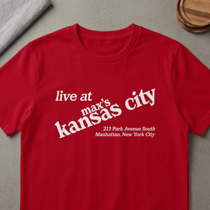 Red t-shirt with "