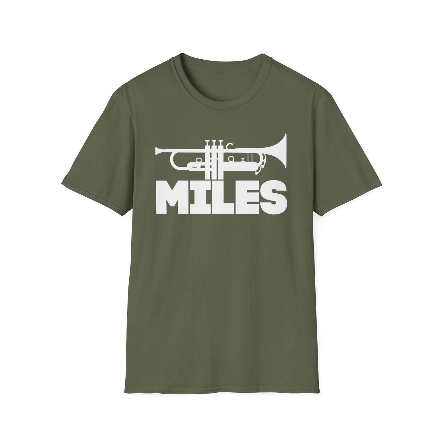 Olive t-shirt with white trumpet graphic and "MILES" text.