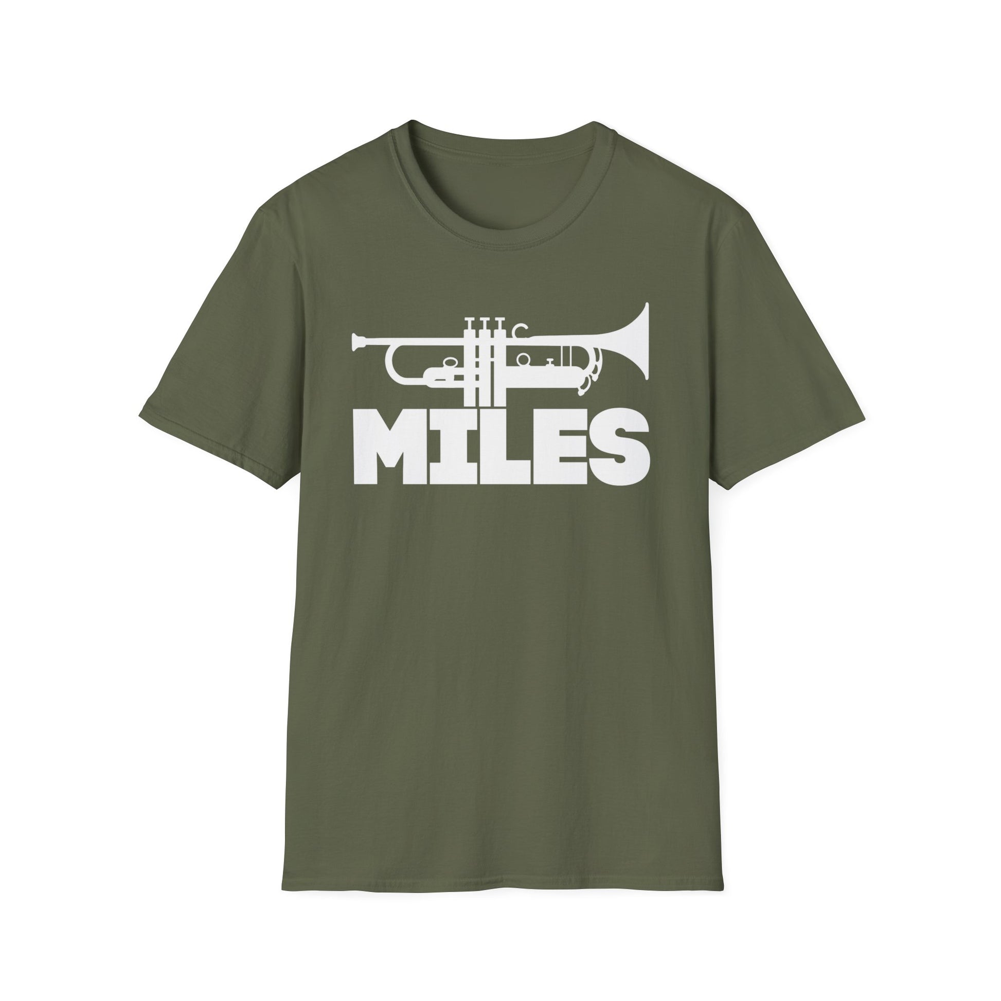 Olive t-shirt with white trumpet graphic and "MILES" text.
