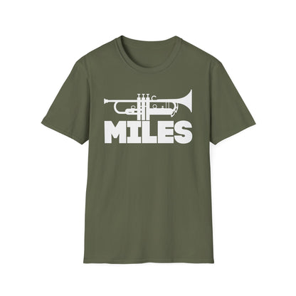 Olive t-shirt with white trumpet graphic and "MILES" text.