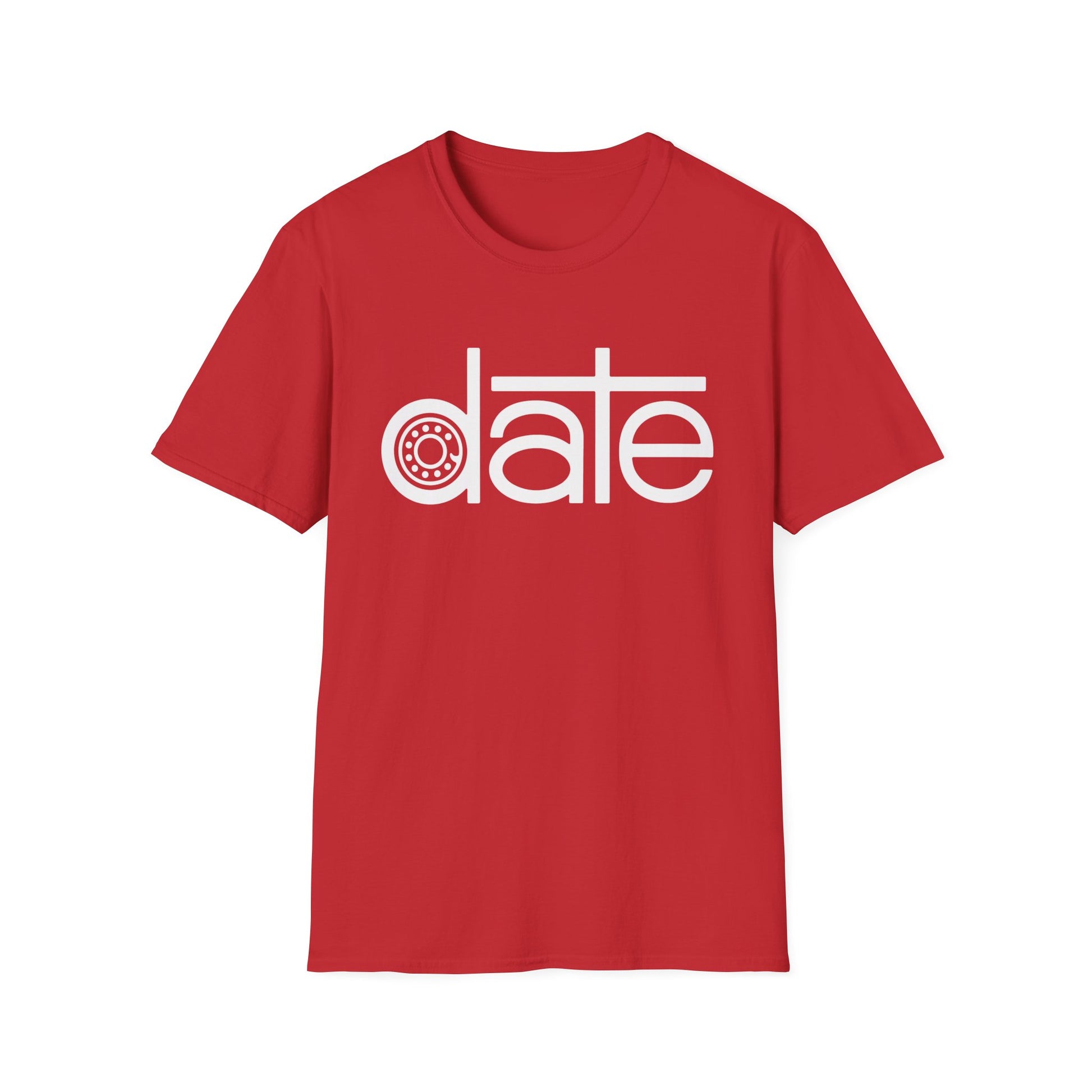 Red t-shirt with white text that reads "date" and features a circular graphic.