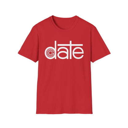 Red t-shirt with white text that reads "date" and features a circular graphic.