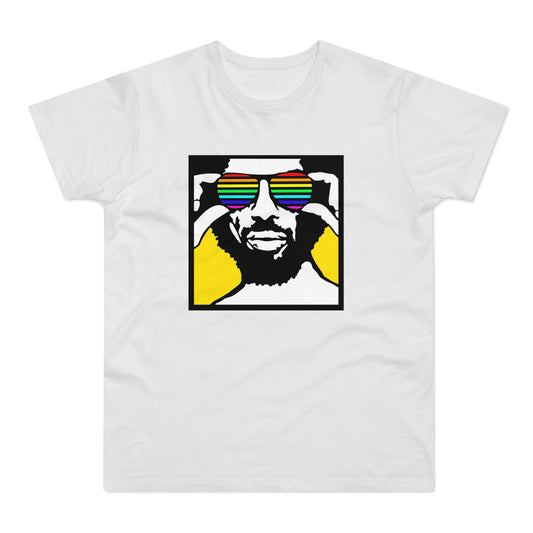 White t-shirt with graphic of man wearing rainbow striped sunglasses.
