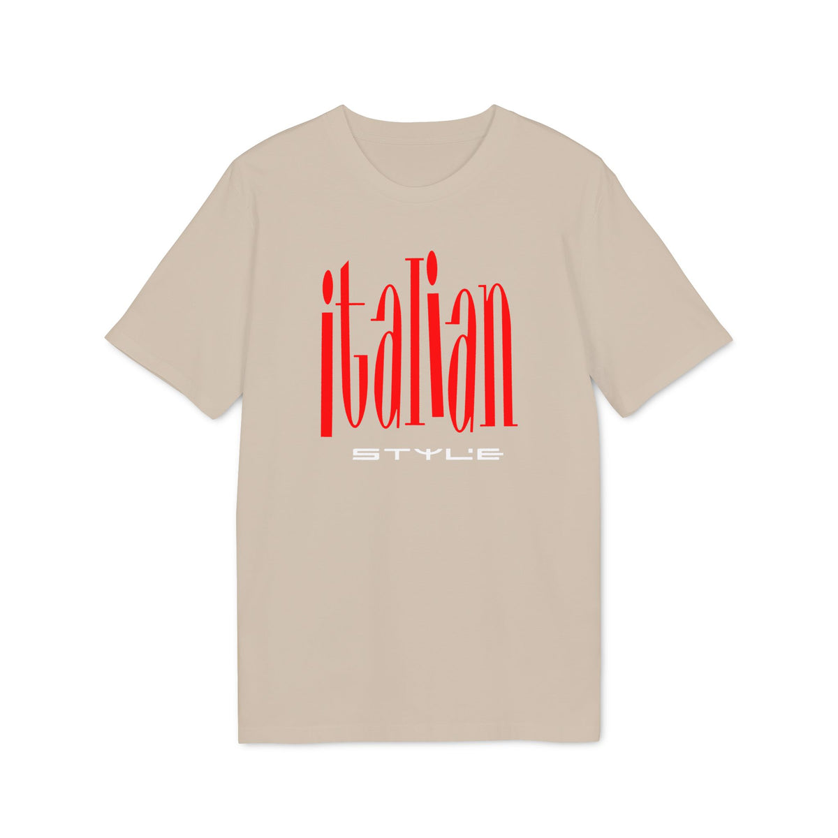 Light tan t-shirt with red "ITALIAN STYLE" text design.