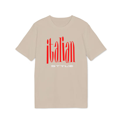 Light tan t-shirt with red "ITALIAN STYLE" text design.