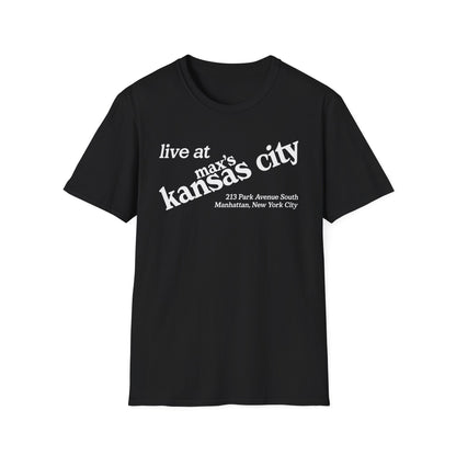 Black t-shirt with "live at max's kansas city" and address.