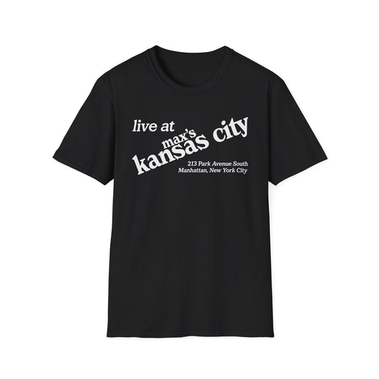 Black t-shirt with "live at max's kansas city" and address.