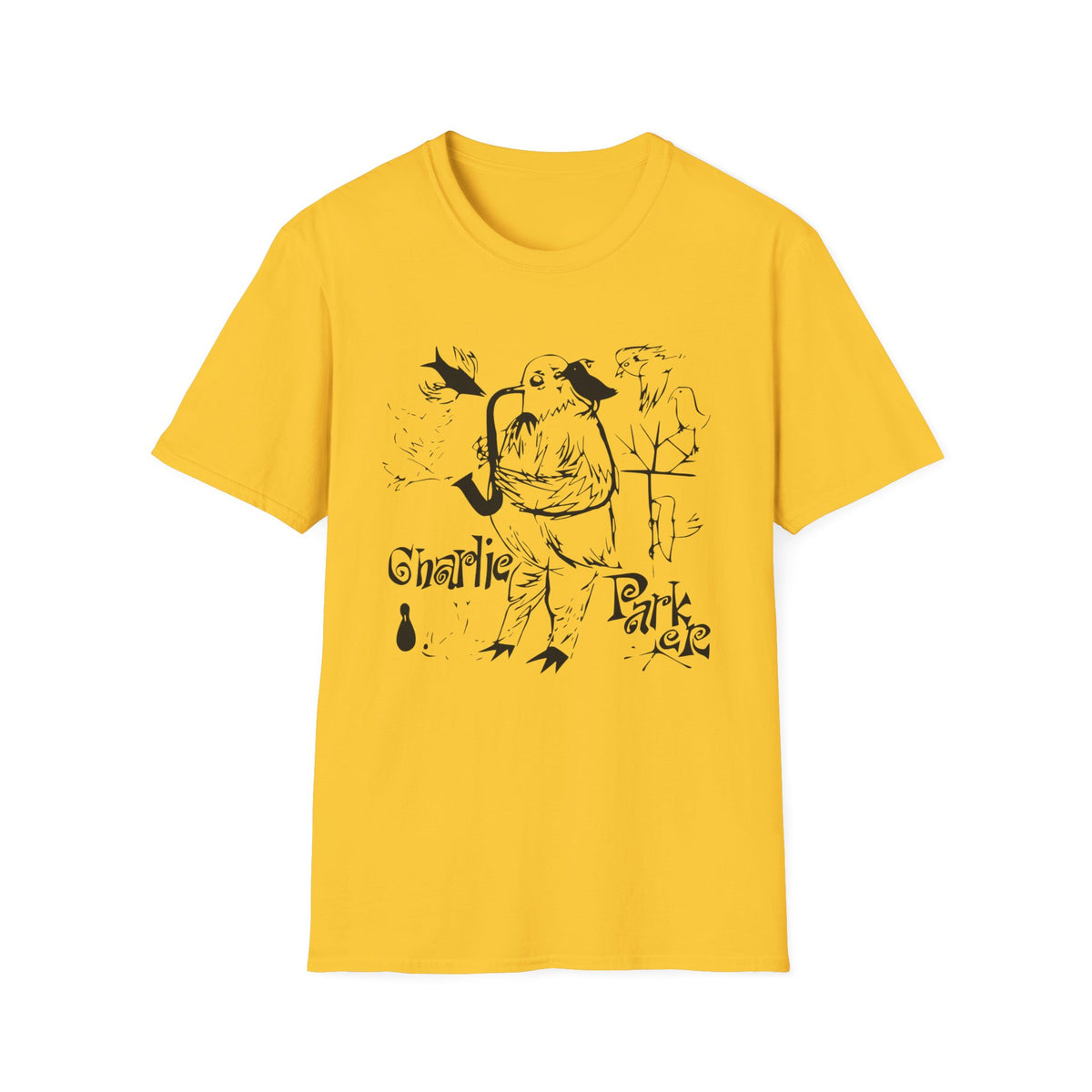Yellow t-shirt with black graphic of a bird playing saxophone and "Charlie Park" text.