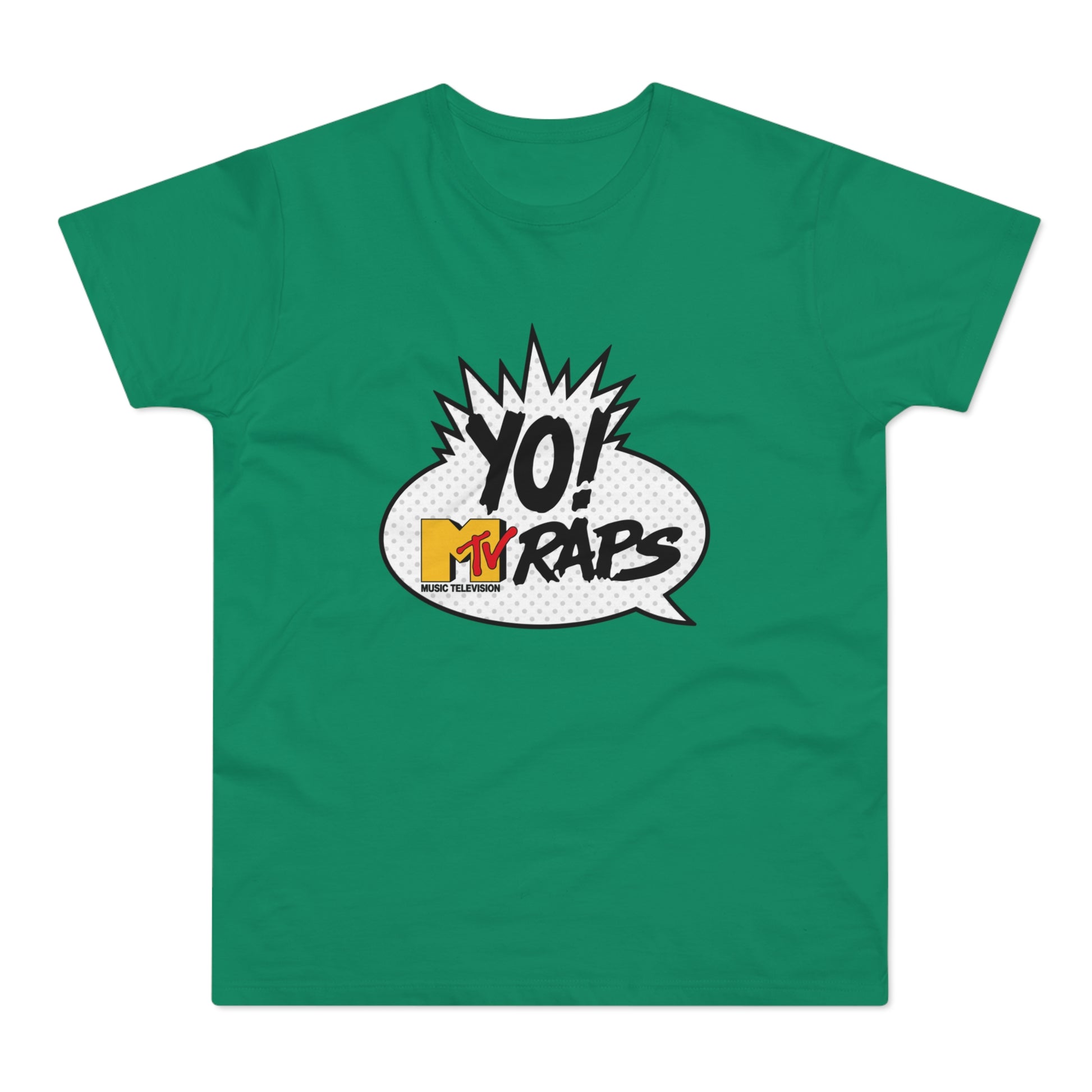 Green t-shirt with "YO! MTV RAPS" graphic in a comic speech bubble.