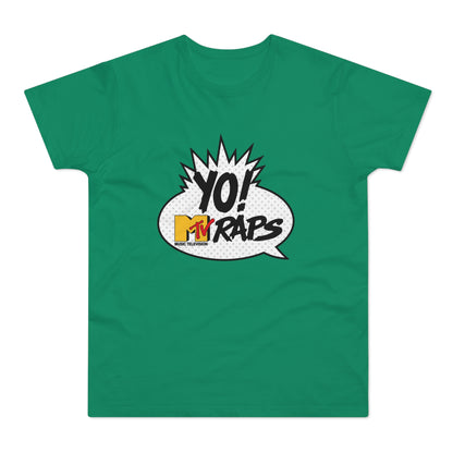Green t-shirt with "YO! MTV RAPS" graphic in a comic speech bubble.